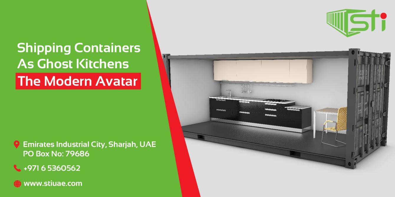 STIUAE_-_Oct_blog-01 Poster of Supertech depicting the black color kitchen cabinet & modular shelves on top of it with attached sink with a table and a chair beside the cabinet made out of shipping container