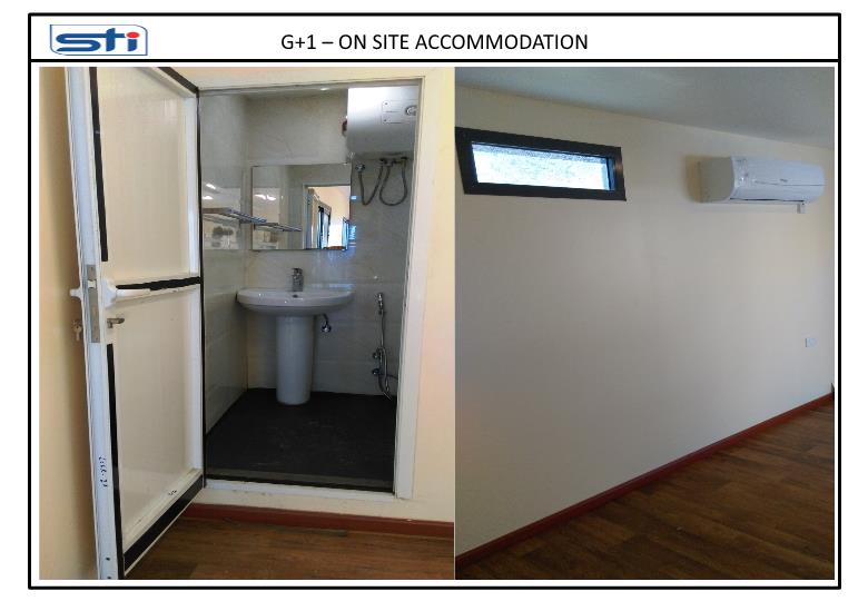 Collage of Washroom and Bedroom Images of G+1 On-Site Accommodation. Collage of Washroom and Bedroom Images of G+1 On-Site Accommodation.