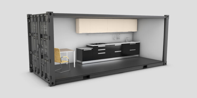 shipping-container-kitchen-designs A shipping container transformed into a kitchen highlighting a simple shipping containerkitchen design.