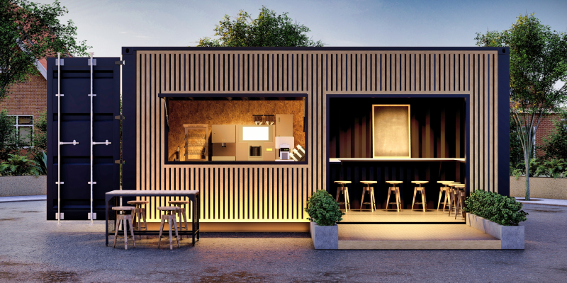 Container-pop-up-shop A shipping container converted into a pop-up cafe.