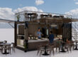 Visual representation of shipping containers transformed into a kitchen and eatery environment.