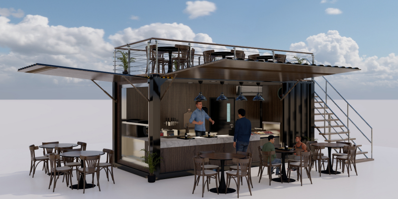commercial-shipping-container-kitchen Visual representation of shipping containers transformed into a kitchen and eatery environment.