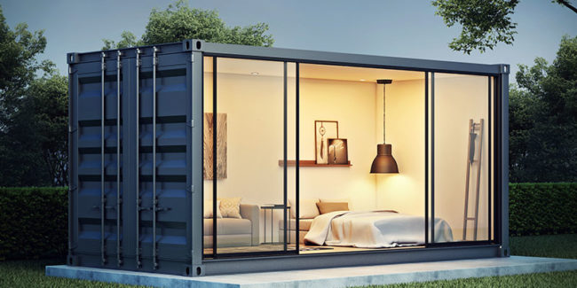 Container House Three dimensional rendering of a container house in lush greenery with a bed, sofa, and hanging lights