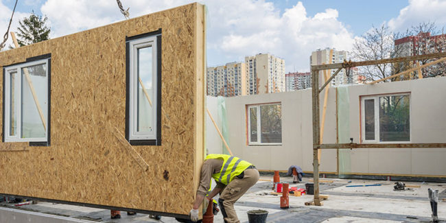 Modular house Construction A man with protection wear costume is inn the process of constructing a modular house with composite sip panels.
